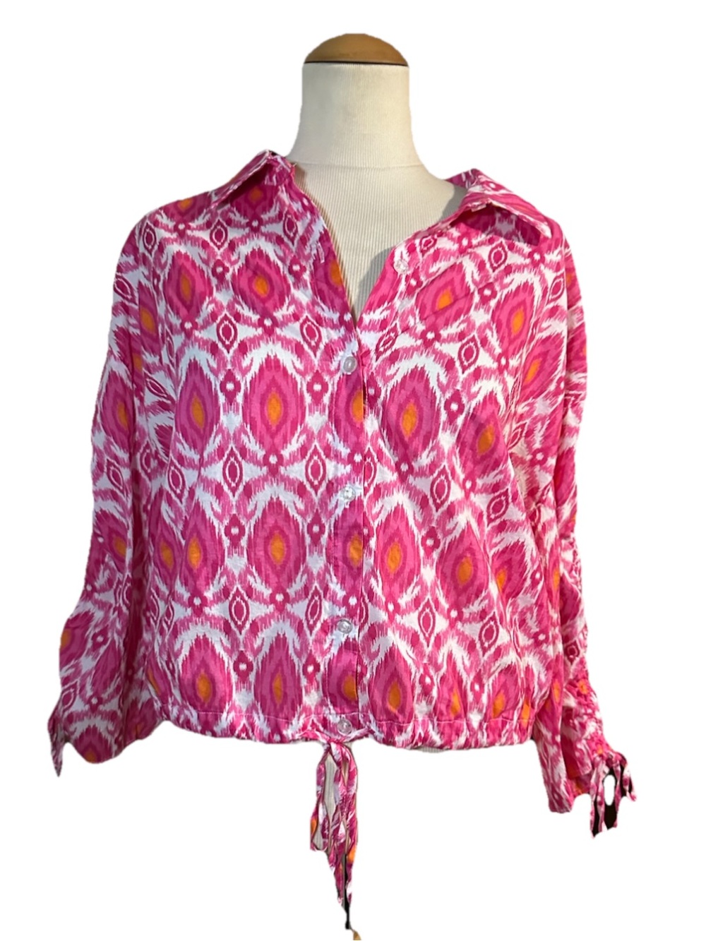 Marc New York Jeans Ikat Print Tie-Hem Button Front Top Pink Size L